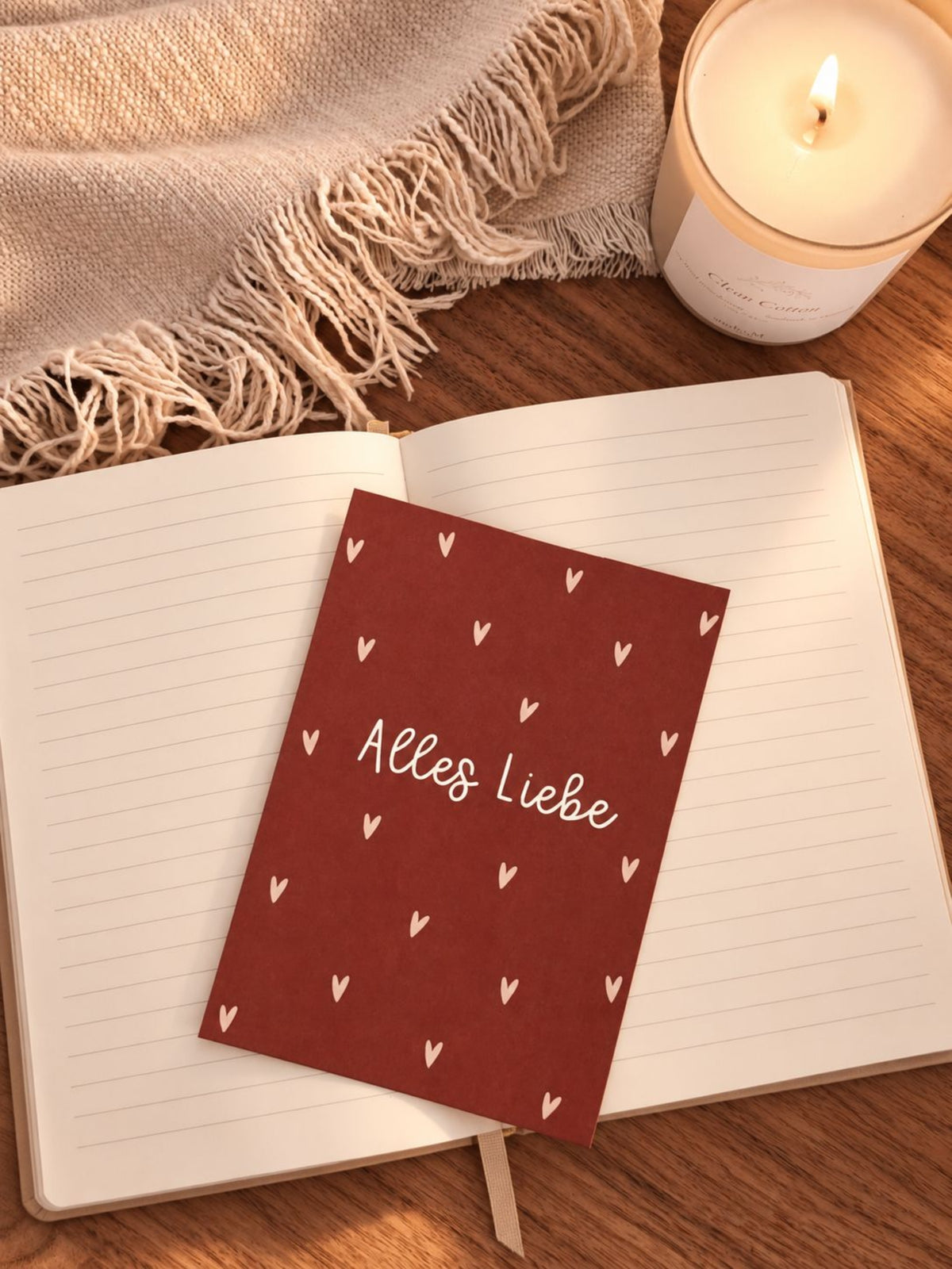Postkarte "Alles Liebe" mit Kerze und Notizbuch