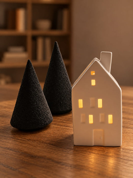 Set Lichtfenster: Keramikhaus mit Licht und zwei Bäume aus Recyclingpapier