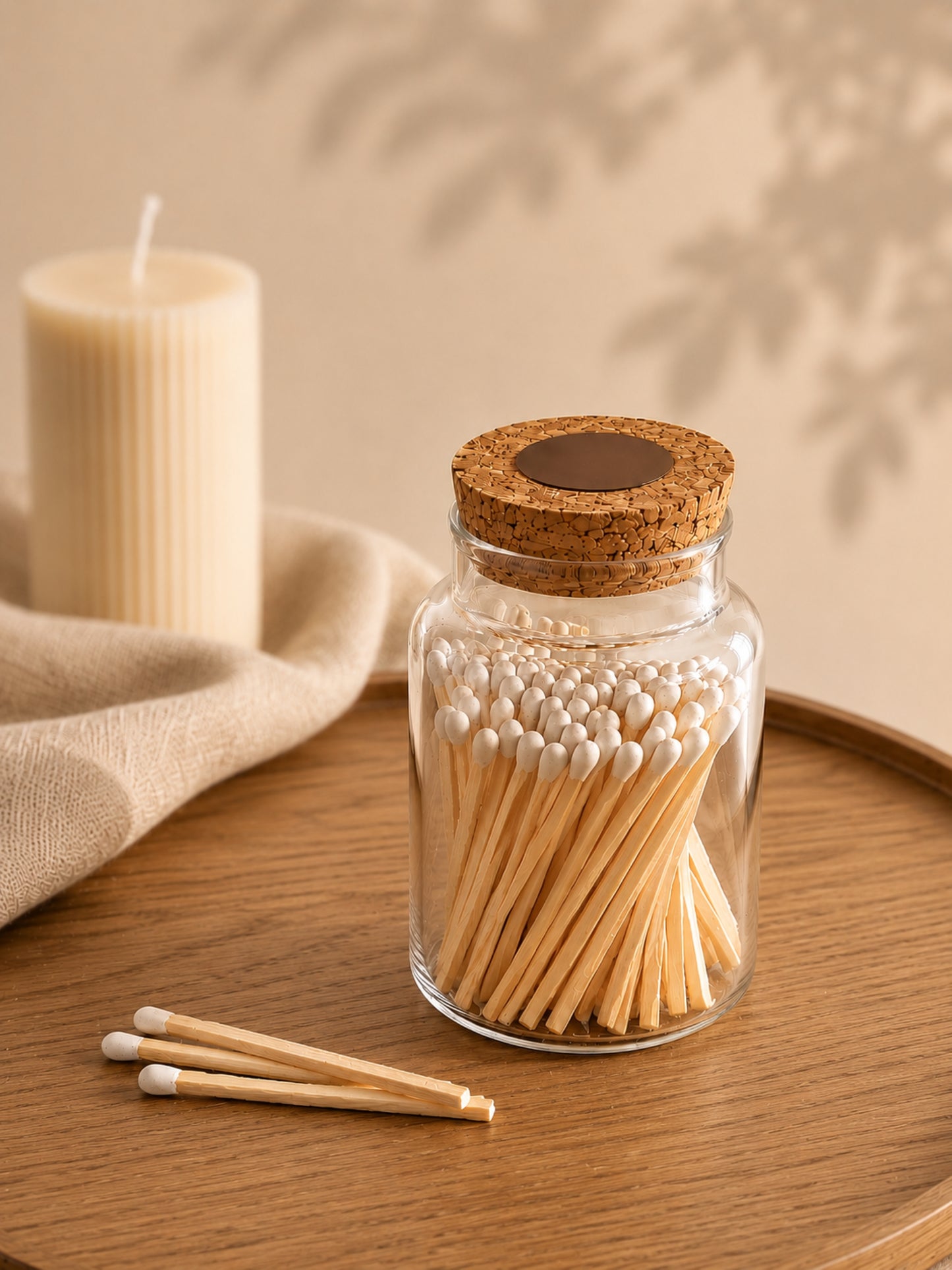 Streichholzglas mit langen Streichhölzern auf einem Holztablett für kleine Rituale im Alltag