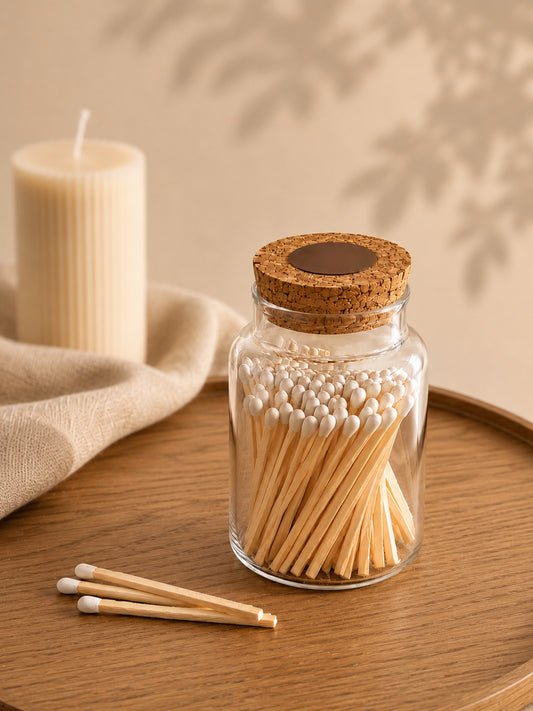 Streichholzglas mit langen Streichhölzern auf einem Holztablett für kleine Rituale im Alltag