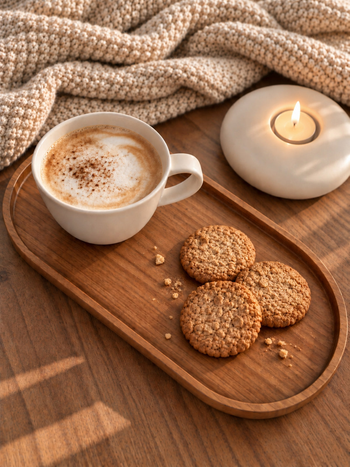 Ovales Tablett aus Teakholz mit Kaffee, Keksen und einer Kerze