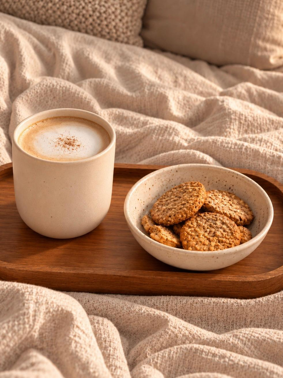 Ovales Tablett aus Teakholz mit Kaffee und Keksen